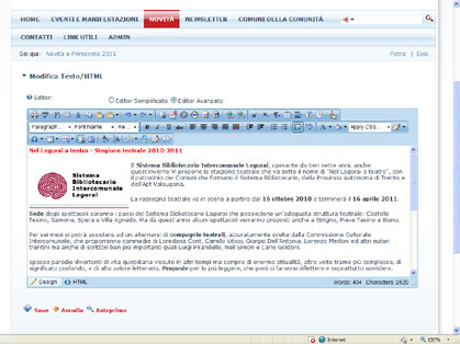 Interfaccia di gestione dei contenuti del sistema di web content management DotNetNuke