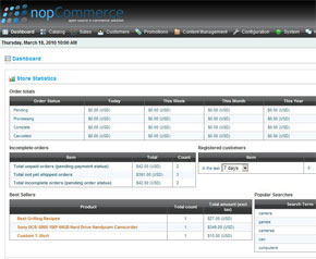 NopCommerce back office - pannello di amministrazione